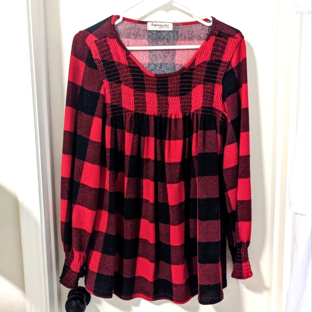 3/$10 Impressions Red/Black Plaid Baby Doll Top